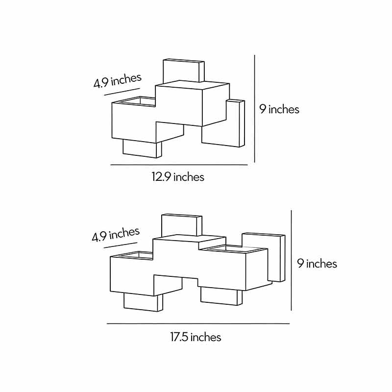 Product dimension diagrams for two different shapes of black up-down wall lights.