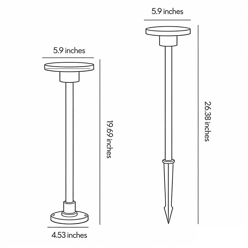 Product dimension diagrams illustrating two different installation methods for LED bollard path lights.