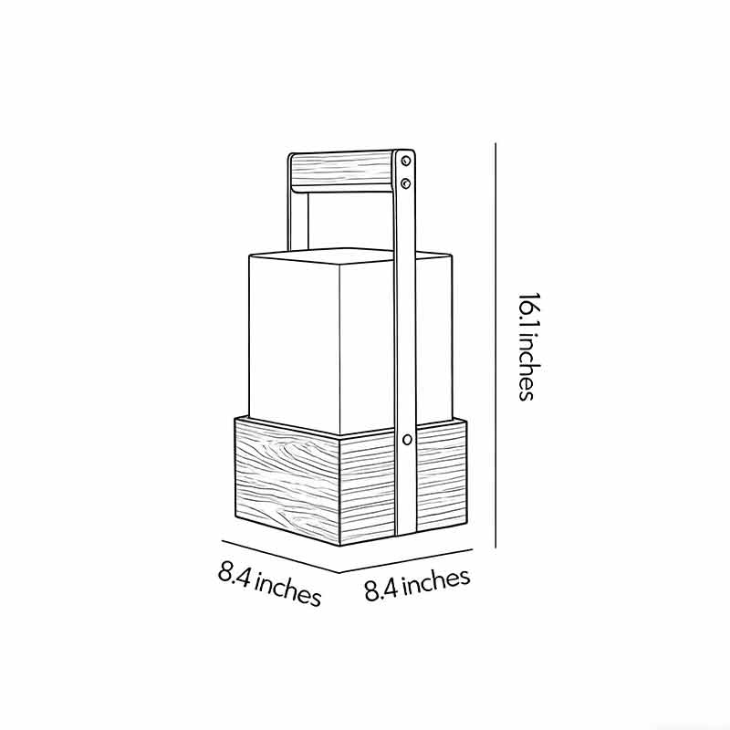 Product dimension diagrams for outdoor lights and lanterns 16.1inch by 8.4inch by 8.4inch.