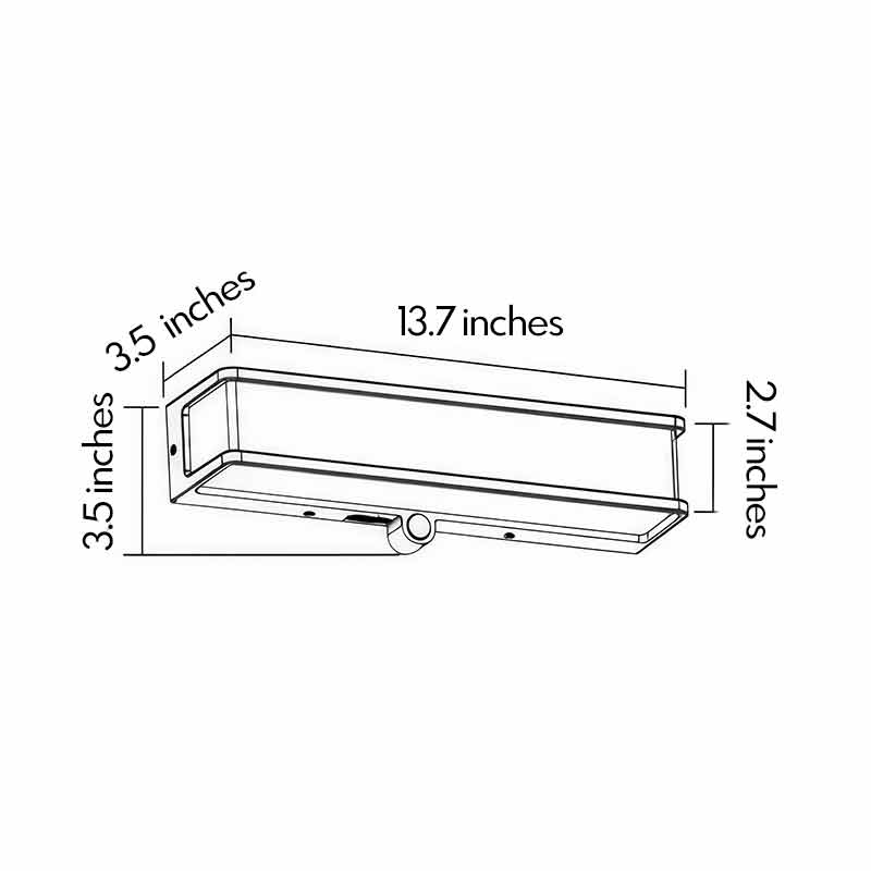 Product dimension diagram for an outdoor wall-mounted solar light 2.7inch by 13.7inch by 3.5inch by 3.5inch.