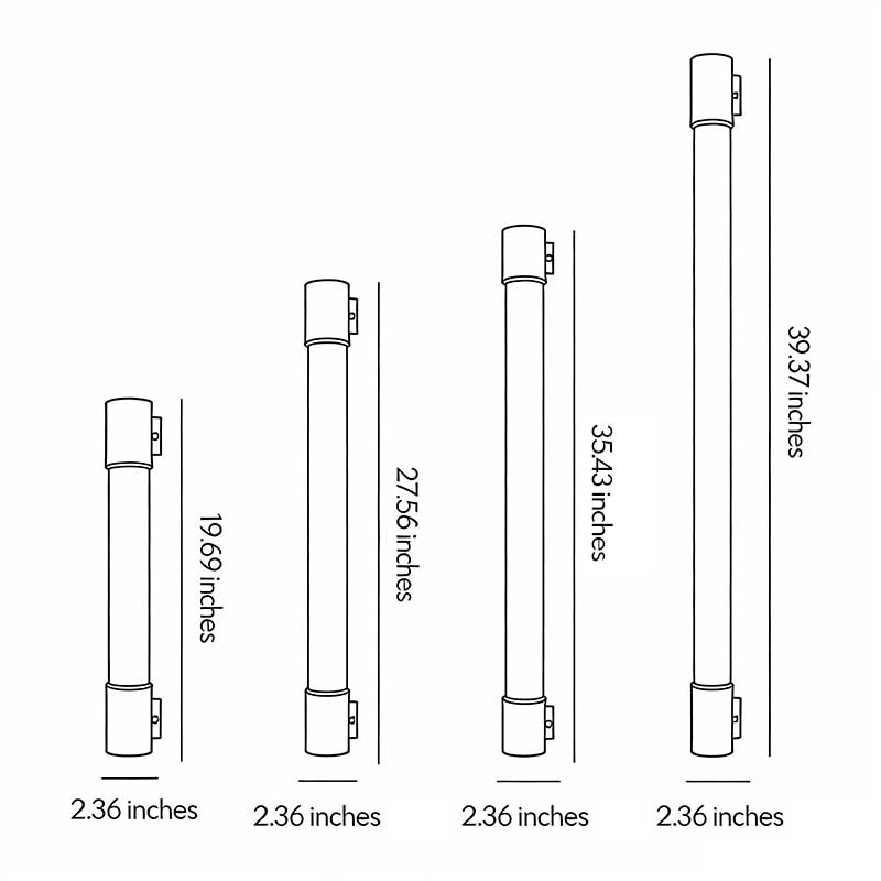 Product dimension diagrams for four different lengths of LED outdoor sconces.