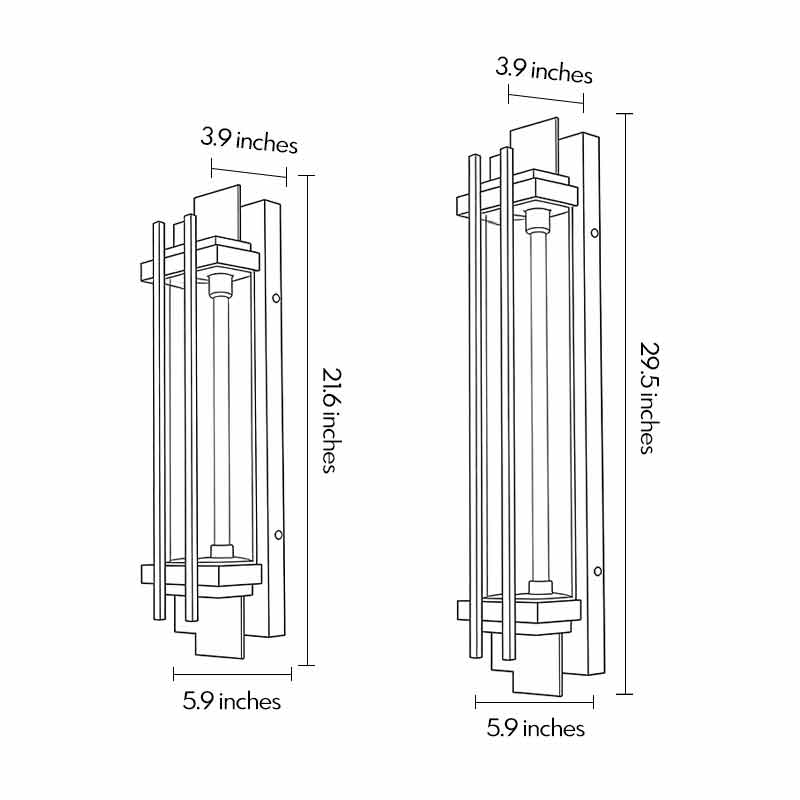 Product dimension diagrams for two different shapes of modern outdoor sconce lighting fixtures.