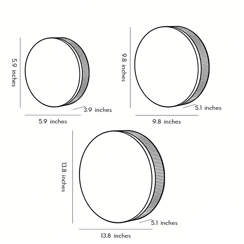 Dimensions of three different sizes of outdoor wall light round.