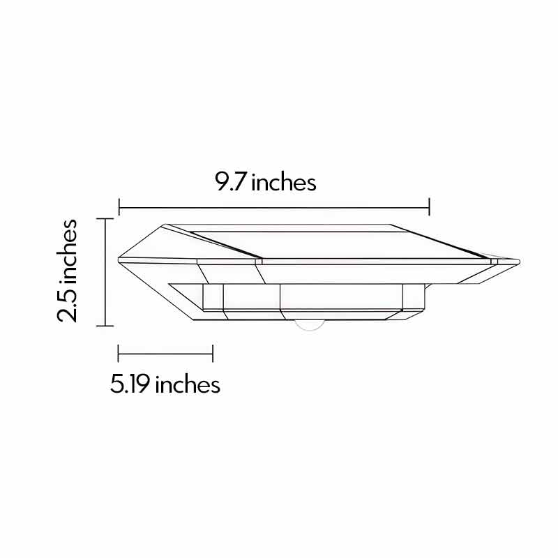 Product dimension diagrams for outdoor wall-mounted solar lights 5.19inch by 2.5inch by 9.7inch.