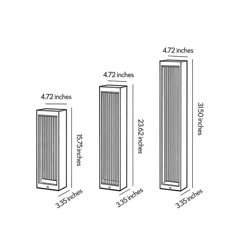 Product dimension diagrams for three different sizes of garden bollard lights.