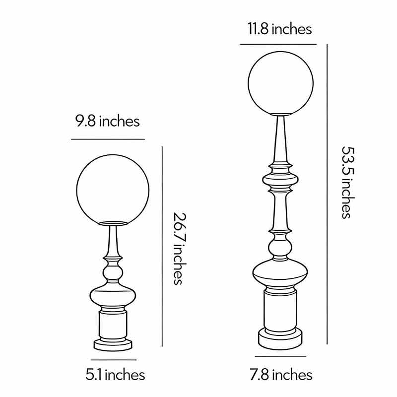 Product dimension diagrams for outdoor black floor lamps in two different heights.
