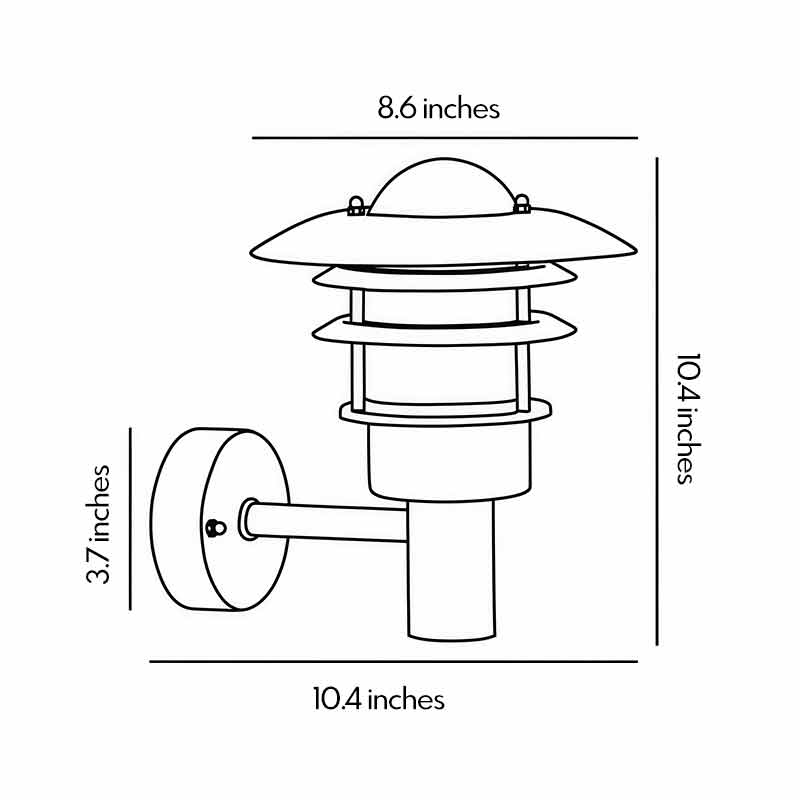 Product dimension diagrams for a farmhouse-style outdoor sconce 8.6inch by 10.4inch by 10.4inch.