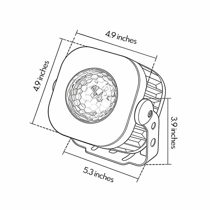 Dimensional diagrams of exterior spotlights 4.9inch by 3.9inch by 5.3inch.