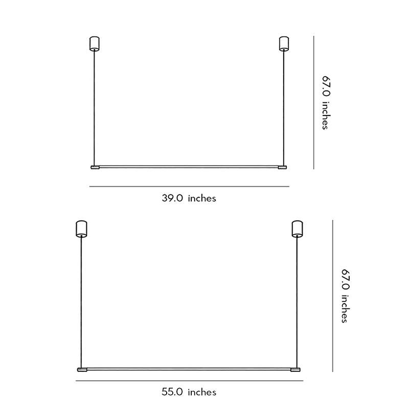 Size chart for linear pendant light fixture with adjustable 67 inch height and 39-55 inch width.