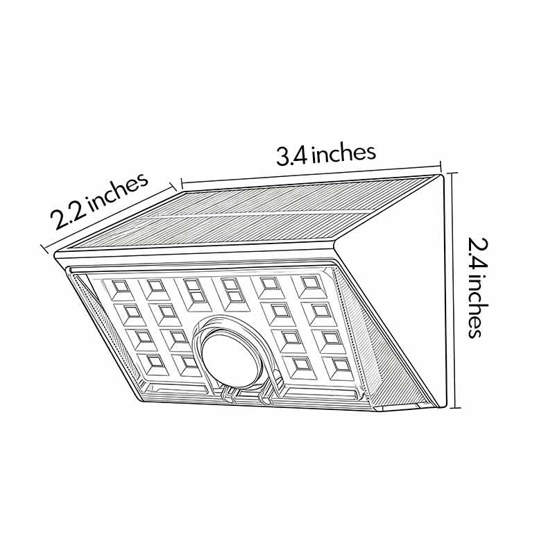 Dimension diagrams of outdoor sensor wall lights on a white background 2.2inch by 2.4inch by 3.4inch.
