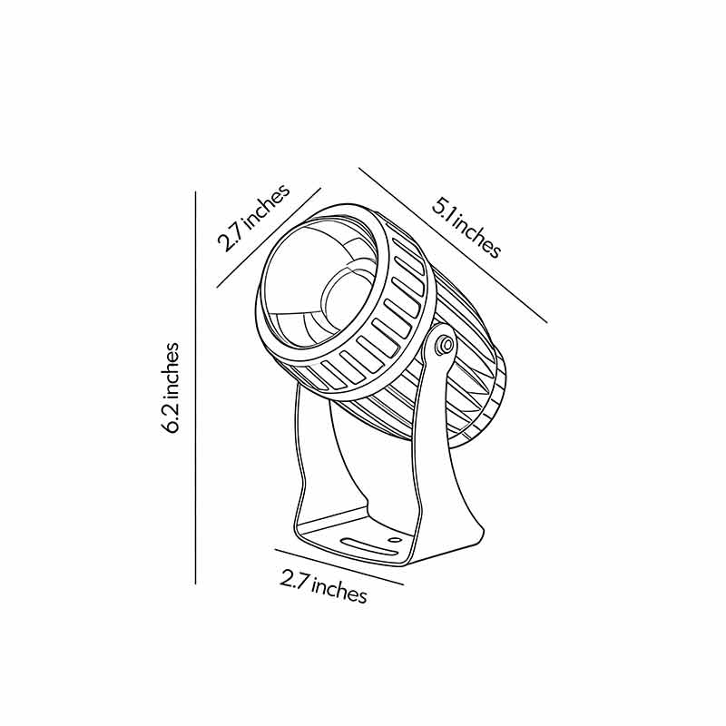 Dimension diagrams for LED outdoor spotlights 2.7inch by 6.2inch by 2.7inch by 5.1inch.