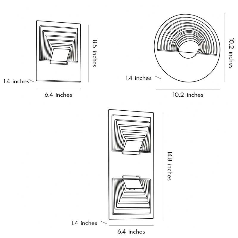 Dimension diagrams for three different shapes of wall mount outdoor lights.