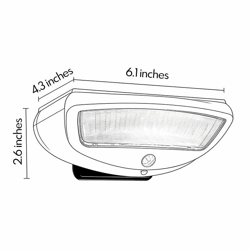 Dimensional diagrams of outdoor wall-mounted solar lights 2.6inch by 4.3inch by 6.1inch.