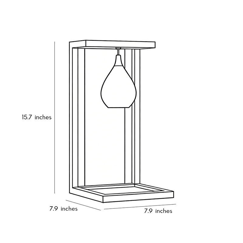 White background diagram of an outdoor wall-mounted LED light 15.7inch by 7.9inch by 7.9inch.