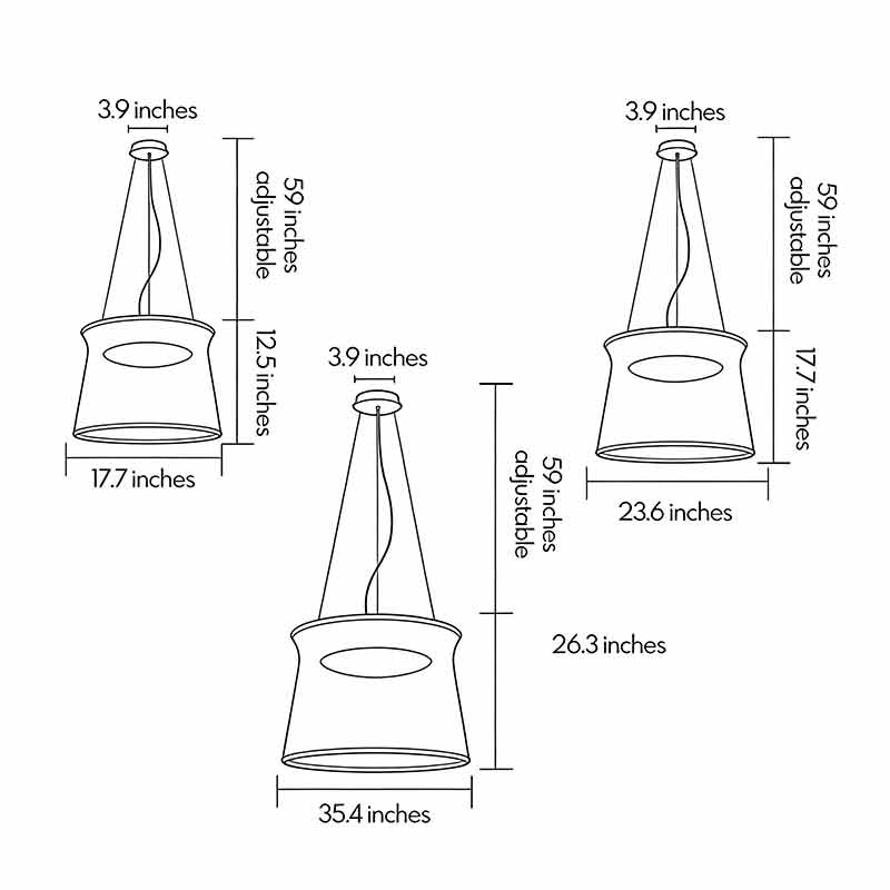 Dimensions of three different sizes of woven light pendant.
