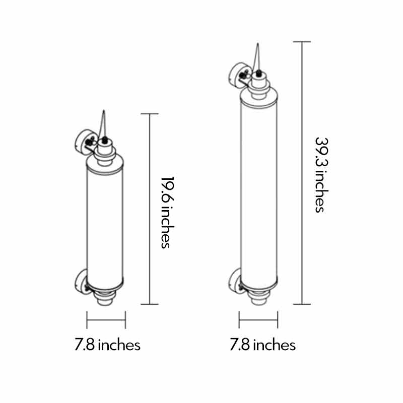 Product dimension diagrams showing two different heights for contemporary outdoor LED wall lights.
