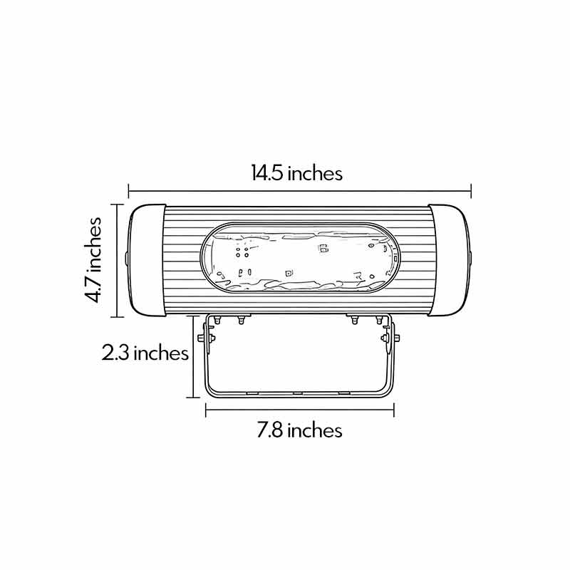 Dimension diagrams for outdoor LED spotlights 7.8inch by 2.3inch by 4.7inch by 14.5inch.