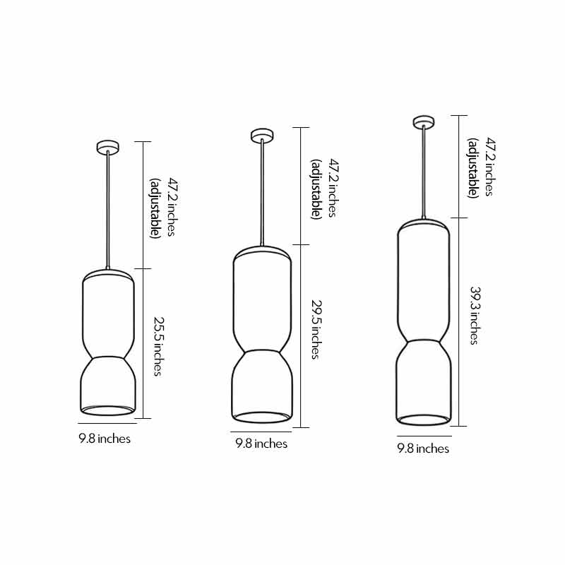 Dimensions of three different sizes of large modern pendant light fixtures.