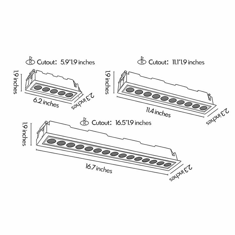 Product dimension diagrams for three different lengths of led ceiling recessed spotlights.