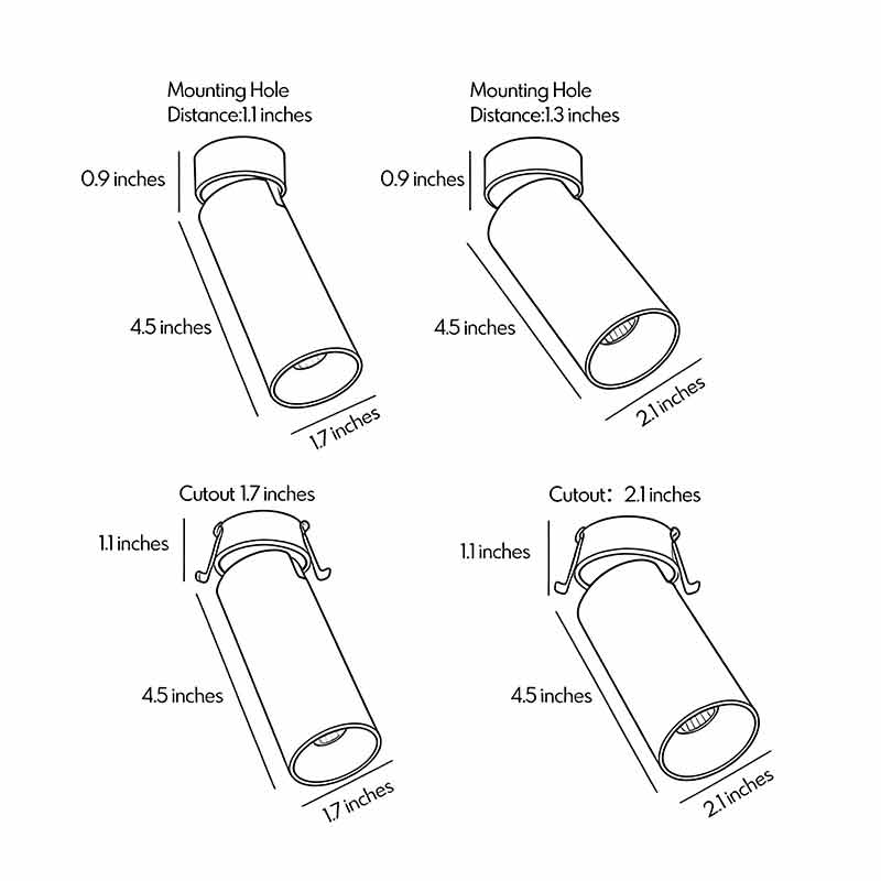 Product size chart for four different sizes of indoor spotlight lamp.