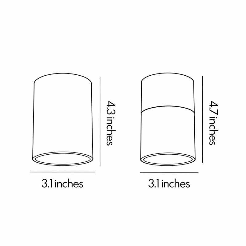 Product dimension diagrams for two different shapes of surface mount can lights.