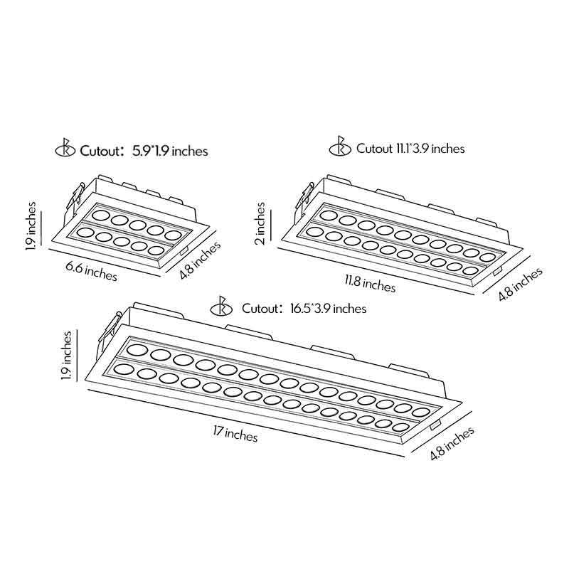 Product dimension diagrams for three different lengths of led ceiling recessed spotlights.