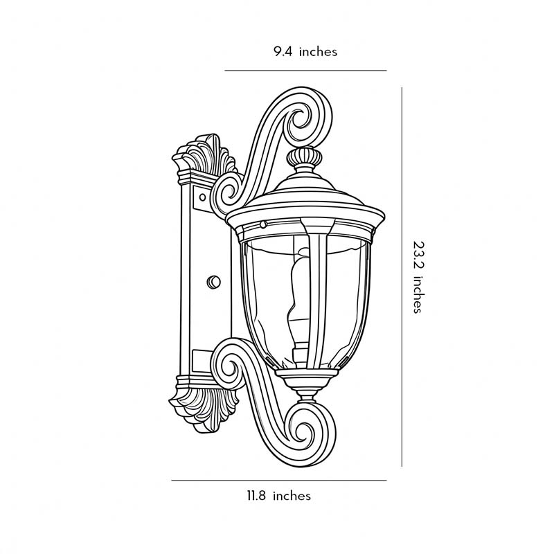 Dimension diagrams for outdoor lantern wall lights on a white background 11.8inch by 23.2inch.