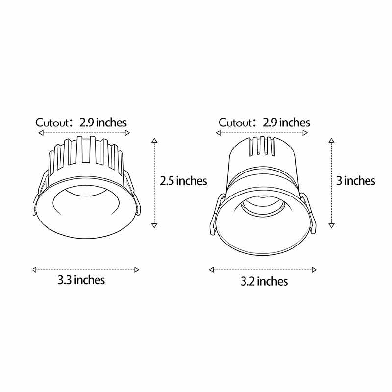 Product size diagrams for two different shapes of recessed ceiling spotlights.