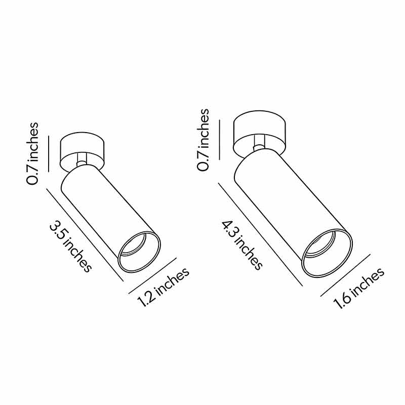 Product size diagrams for two different sizes of spotlight light fixtures.