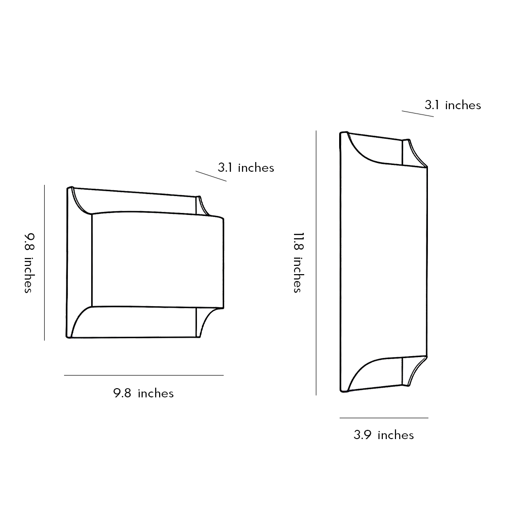 Product size diagrams for two different shapes of brass wall lights.