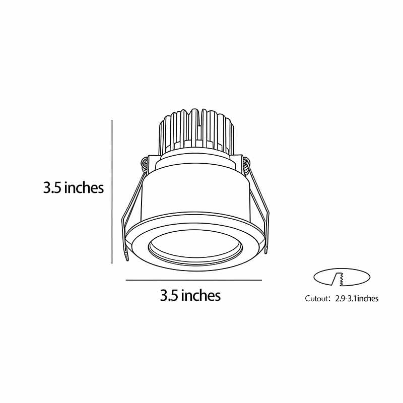 Product dimension diagrams for recessed ceiling spotlights 3.5inch by 3.5inch.