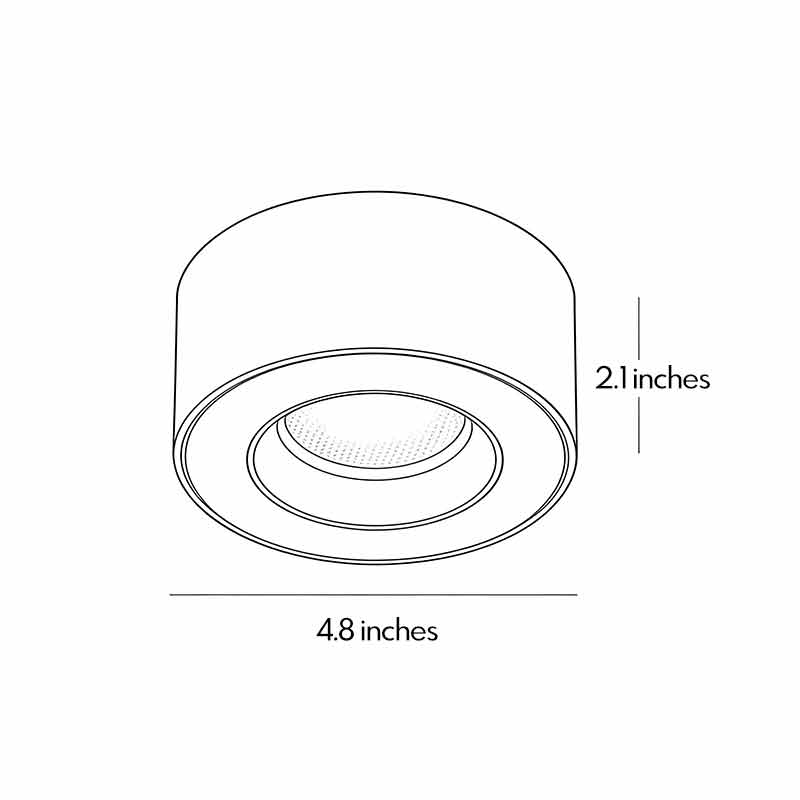 Product dimension diagrams for surface mounted can lights 4.8inch by 2.1inch.
