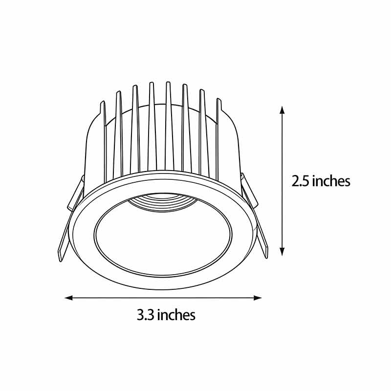 Product dimension diagrams for inset ceiling spotlights 3.3inch by 2.5inch.