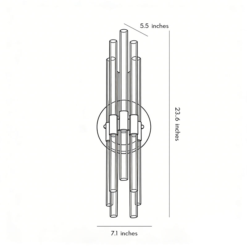Product size diagram for modern crystal wall light 7.1inch by 23.6inch by 5.5inch.