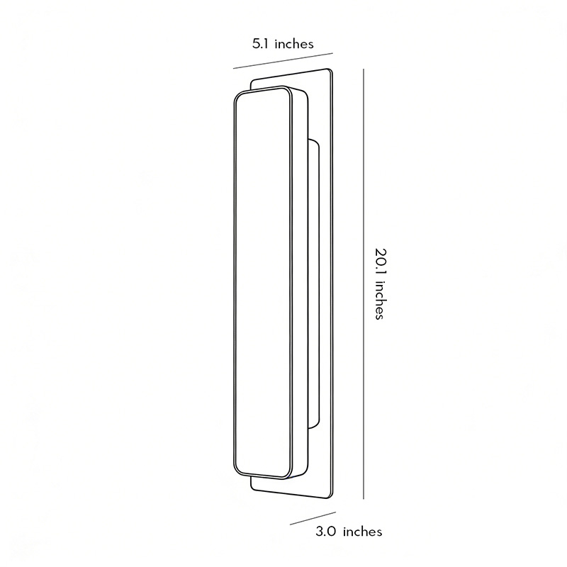Product size diagrams for gold wall light fixtures 5.1inch by 20.1inch by 3.0inch.