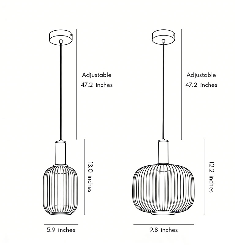 Product size charts for two different styles (A and B) of the vintage glass pendant light.