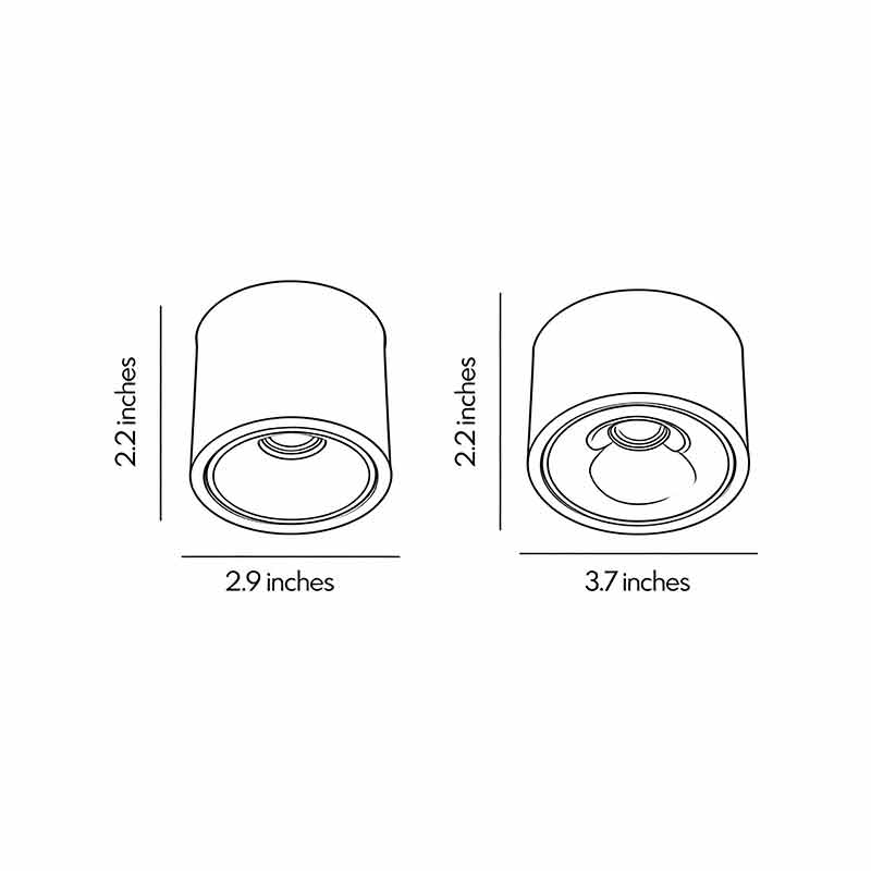 Product dimension diagrams for ceiling spotlights in two different widths.