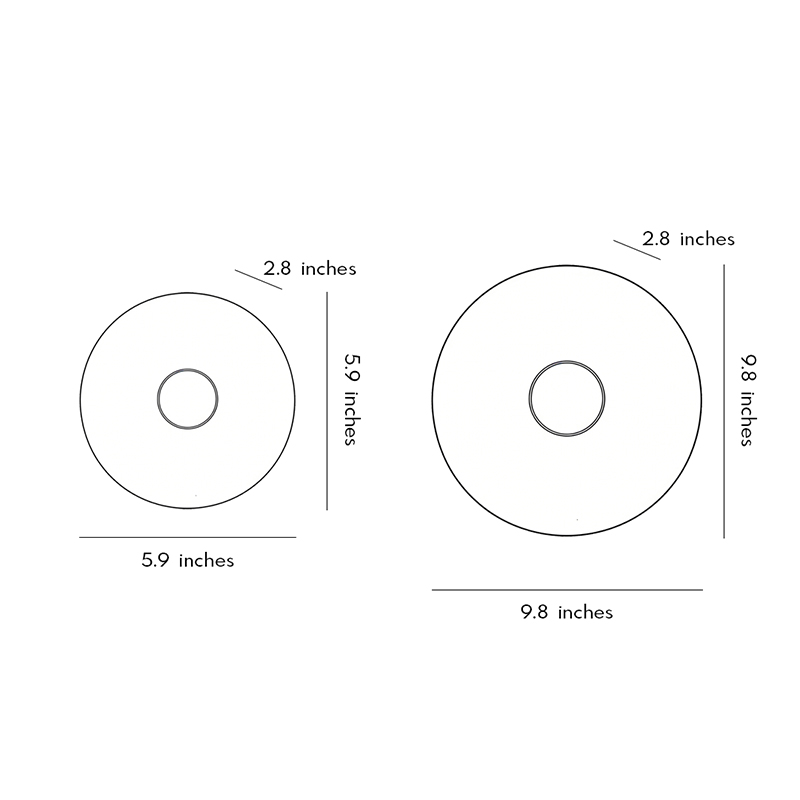 Product size diagrams for two different sizes of round wall lights.