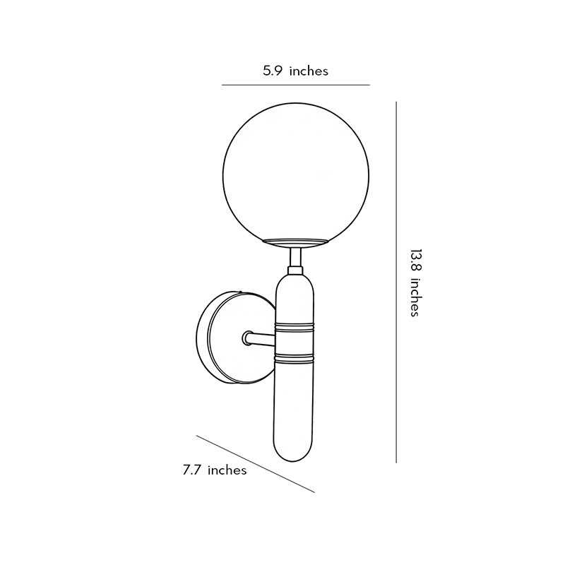 Product size diagrams for gold wall sconce lights 5.9inch by 13.8inch by 7.7inch.