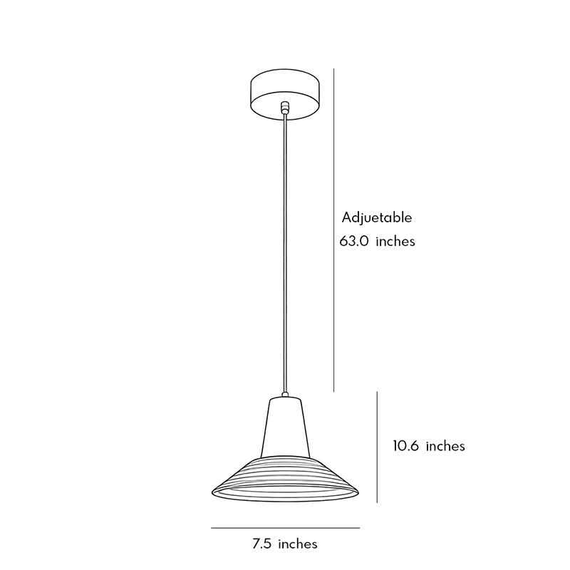 Product size chart for glass cone pendant light 7.5inch by 10.6inch.