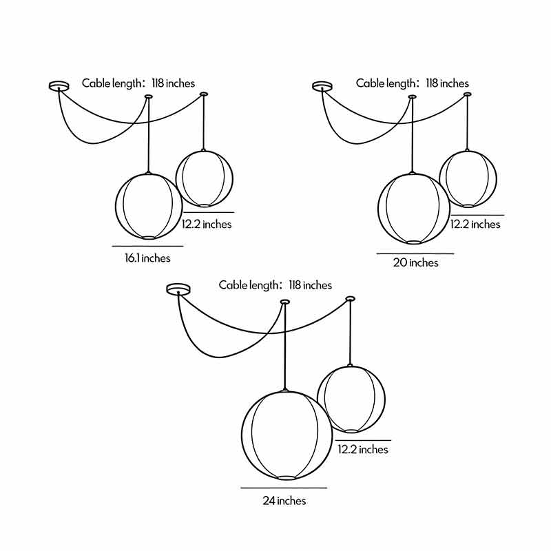 Product size diagrams for three different sizes of paper pendant light fixtures.