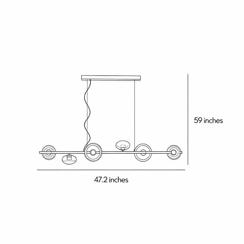 Product dimensions diagram for a linear modern chandelier.