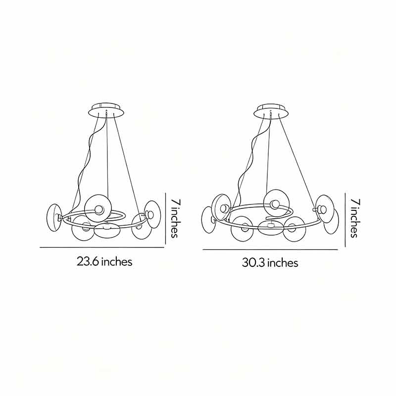 Dimension diagrams for two different sizes of modern glam chandeliers.