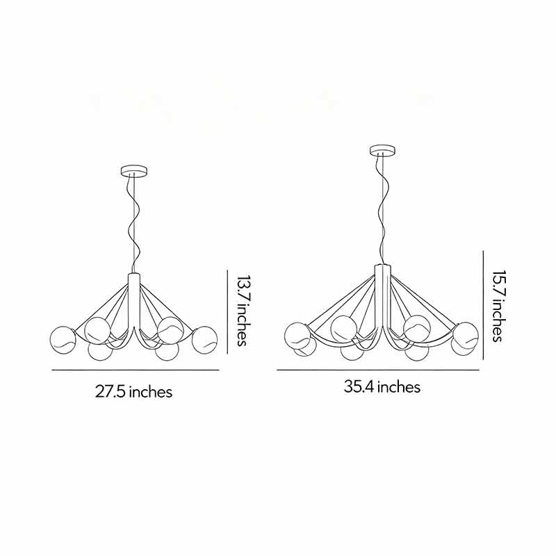 Dimension diagrams for two styles of modern black chandeliers.