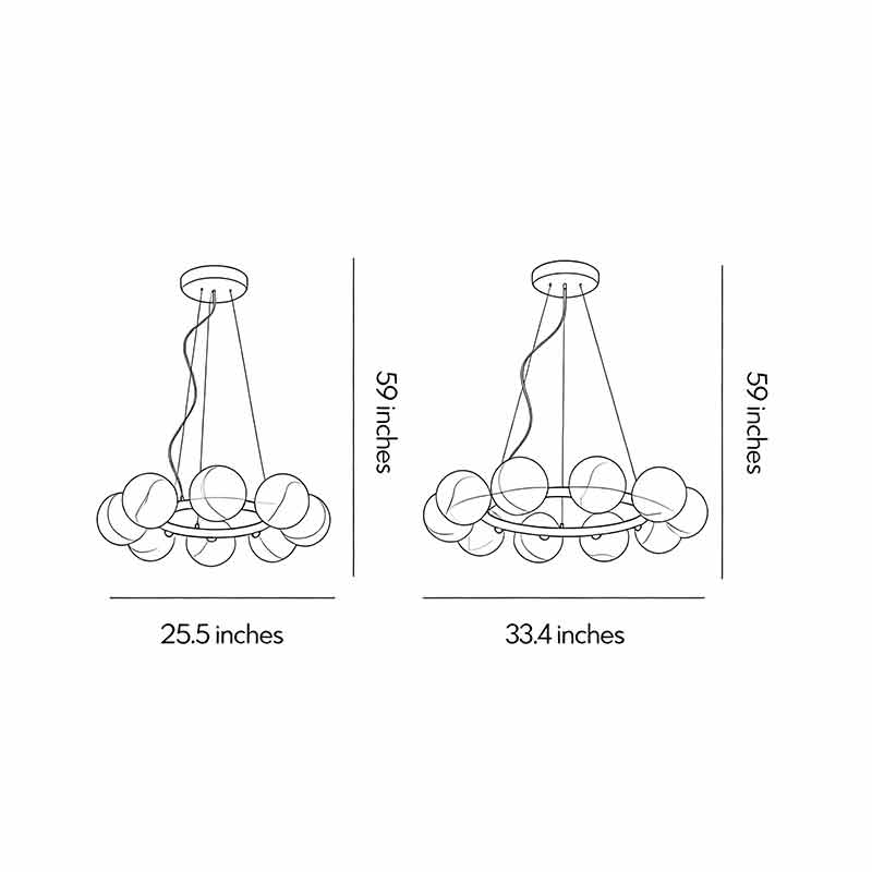 Dimension diagrams for five styles of modern bubble glass chandeliers.