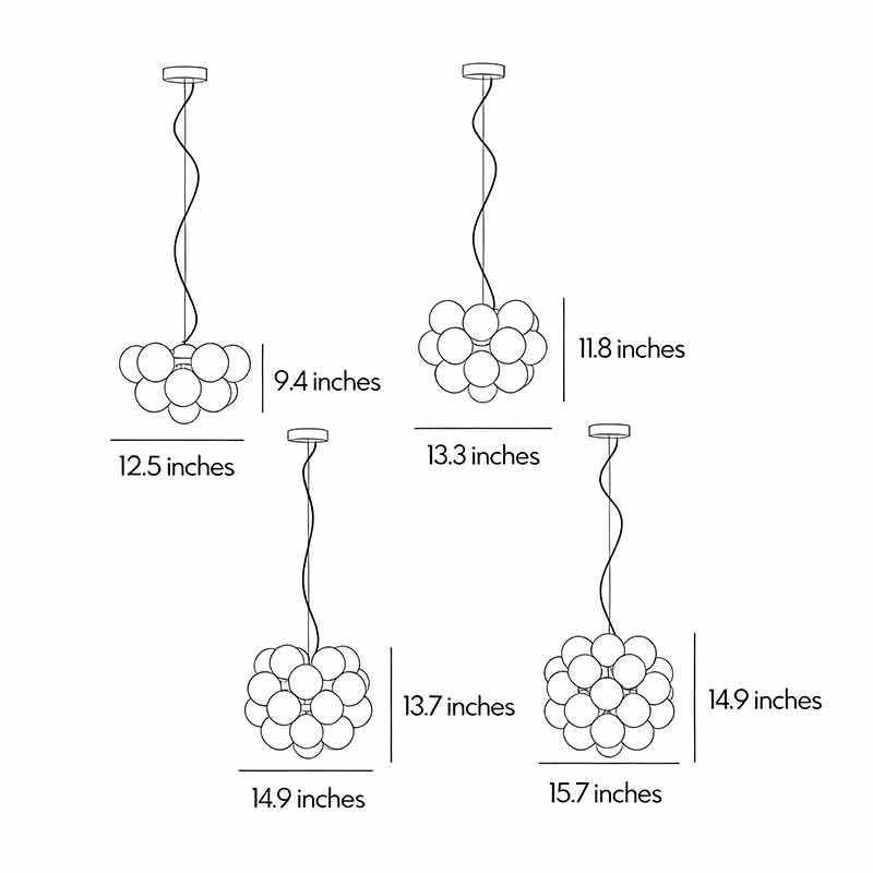 Dimension diagrams for four types of stained glass chandeliers.