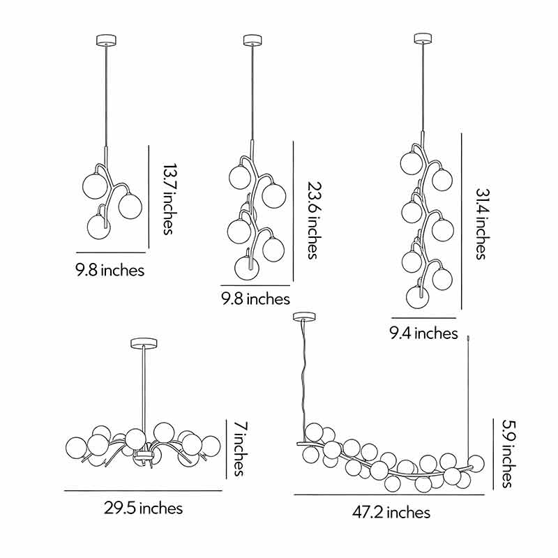 Dimensional drawings for colored glass chandeliers in five different lengths.