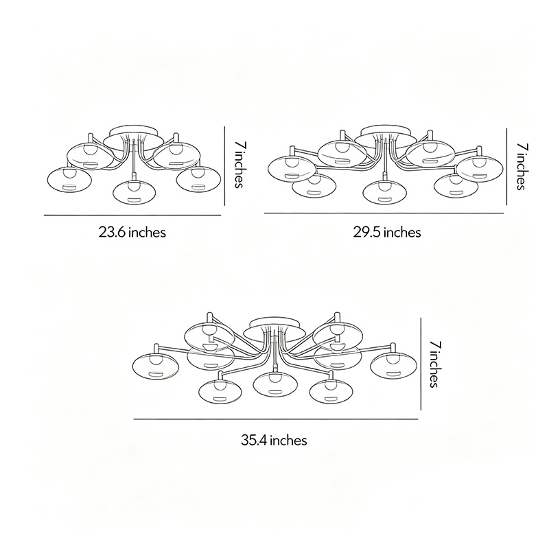 Dimension diagrams for three types of glass flush-mount lighting fixtures.