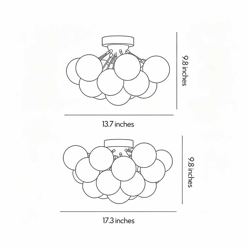 Dimension diagrams for two styles of stained glass flush-mount lights.