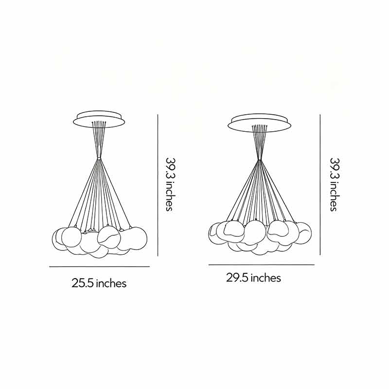 Dimension diagrams for two styles of modern matte black chandeliers.